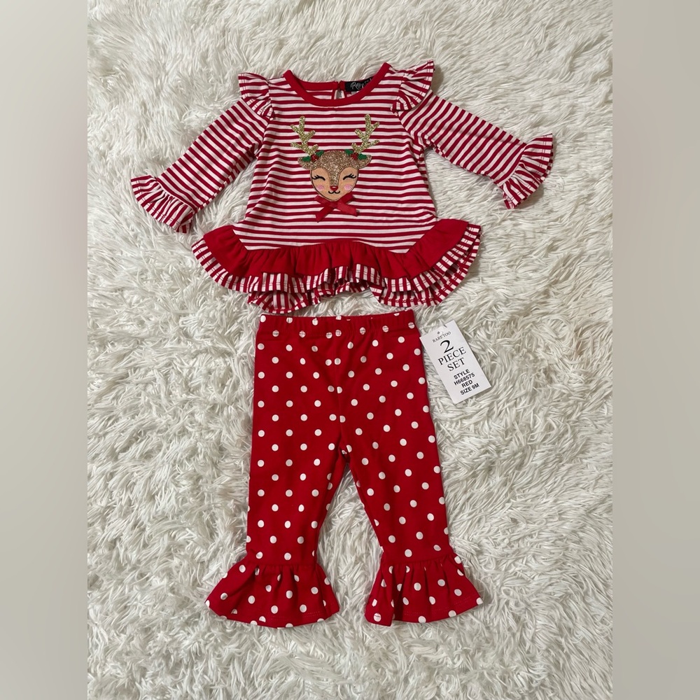 NEW Rare Too 2 Piece Deer Reindeer Holiday Christmas Ruffle Outfit Baby Girl 9M
